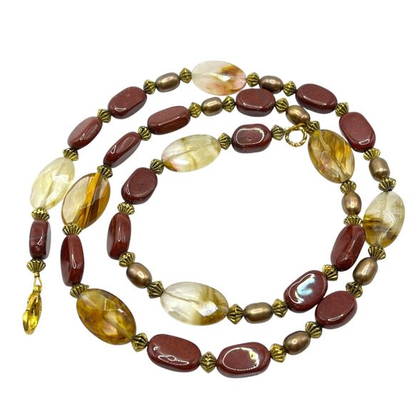 Handmade Red Brown Stone Agate Beaded Necklace Gold Tone Artisan Boho Jewelry - Picture 9 of 9
